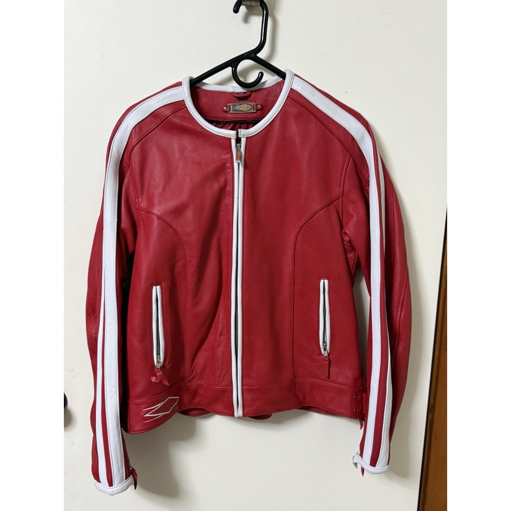 Power Trip Motorcycle Leather Jacket Motorsports Womens Large Red Vented Heavy